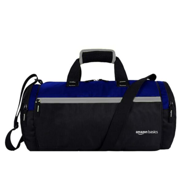 Amazon Basics 26-Liter Duffle Bag for Travel, Gym & Sports | for Men and Women | Water Resistant Polyester | 3 External Zipper Pockets | (Size – Medium | Black & Blue)