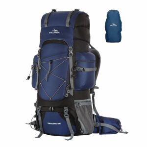 TRAWOC PEAKPRO 75 Liter Travel Backpack for Hiking Trekking Bag Camping Rucksack with Laptop Compartment/Rain Cover/Shoe Compartment BHK002, 3 Year Warranty, Blue