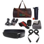 GREETURE Ultimate Gym Accessories Combo Set for Men and Women Workout - Boost Your Workout with Skipping Rope, Duffle Bag, Wrist Wrap, Deadlift Belt & Strap, Sipper/Shaker - All-in-One Fitness GYM Kit