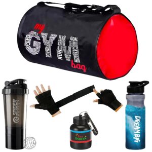 Gym Bag Combo for Men Gym Bag with Shoe Compartment and, Shaker Bottle|Sipper Bottle Gym Gloves l Whey Container Gym kit for Men and Women Gym Bag & Fitness Kit & My Gym Bag Combo (Black)