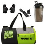 HANG IT Combo of Polyester Gym Bag with Shoe Compartment, Black Gym Gloves, Black 400 ml Shaker Bottle, and Black Foam Hand Gripper Gym kit for Men and Women (Black)