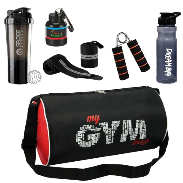 New Gym Bag Combo for Men Combo Set for Men and Women Workout – Boost Your Workout with Gym Bag,Wrist Band,Mini Gripper & Whey Container Bottle Sipper Bottle/Gym Shaker (Black)