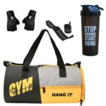 HANG IT Combo of Polyester Gym Bag with Shoe Compartment, Black Gym Gloves, 700 ml Shaker Bottle, and Black Foam Hand Gripper Gym kit for Men and Women (Black)