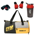 HANG IT Combo of Polyester Gym Bag with Shoe Compartment, Black Gym Gloves, Black 400 ml Shaker Bottle, and Black Foam Hand Gripper Gym kit for Men and Women (RED)