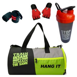 HANG IT Combo of Polyester Gym Bag with Shoe Compartment, Black Gym Gloves, Black 700 ml Shaker Bottle, and Black Foam Hand Gripper Gym kit for Men and Women (RED)