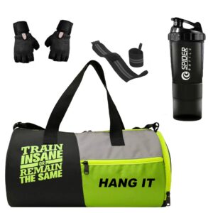 HANG IT Combo of Polyester Gym Bag with Shoe Compartment, Black Gym Gloves, Black 500 ml Shaker Bottle, and Black Foam Hand Gripper Gym kit for Men and Women (Black)