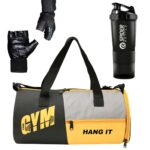 HANG IT Combo of Polyester Gym Bag with Shoe Compartment, Black Gym Gloves with Wrist Support, Black 500 ml Shaker Bottle, and Gym kit for Men and Women (Black)