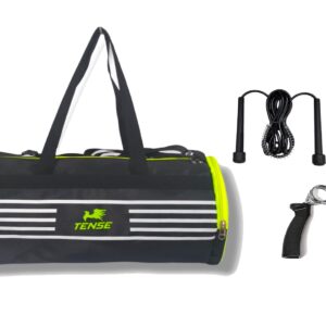 TENSE Gym Duffel Bag Combo Set for Men and Women Workout Boost Your Workout with Skipping Rope, Polyester Duffel Bag, Fitness Grip – All-in-One Fitness Gym Kit