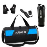 Hang It Gym Bag Combo for Men ll Gym Bag with Shoe Compartment and, Black Bottle, Black Wristband, Black Gloves ll Gym kit for Men and Women ll Gym Bag & Fitness Kit & Gym Bag Combo (Black)