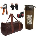 JAISBOY Combo Set Gym Bag with Gym Gloves with Wrist Support Band and Stop Bottle and Hand Gripper (Brown)