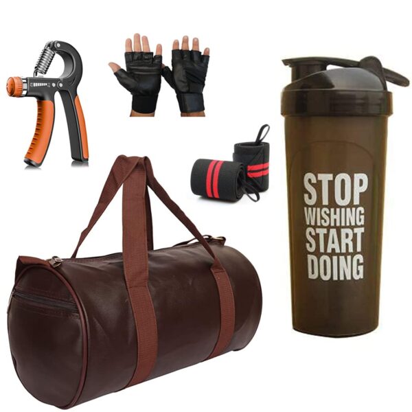 JAISBOY Combo Set Gym Bag with Gym Gloves with Wrist Support Band and Stop Bottle and Hand Gripper (Brown)