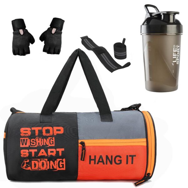 HANG IT Combo of Polyester Gym Bag with Shoe Compartment, Black Gym Gloves, Black 400ML Shaker Bottle, and Black Foam Hand Gripper Gym kit for Men and Women (Black)