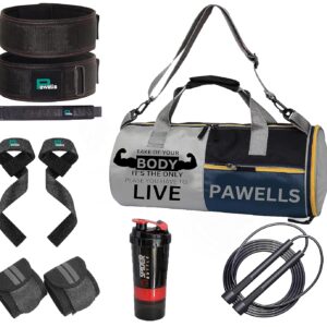 Pawells® Premium Gym Accessories Combo Set for Men and Women with Skipping Rope, Duffle Bag, Wrist Wrap, Deadlift Belt, Sipper/Shaker – All-in-One Fitness GYM Kit (Pack Of 7)