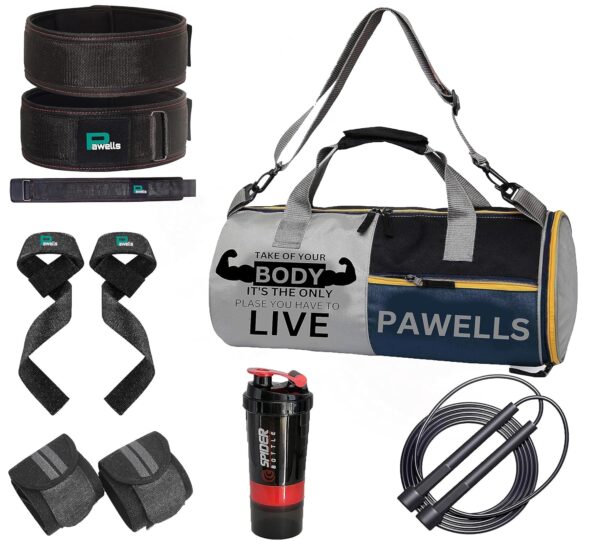 Pawells® Premium Gym Accessories Combo Set for Men and Women with Skipping Rope, Duffle Bag, Wrist Wrap, Deadlift Belt, Sipper/Shaker – All-in-One Fitness GYM Kit (Pack Of 7)