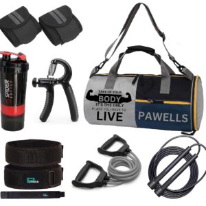 Pawells® Ultimate Gym Combo Set for Man and Woman, Gym Kit Transform Your Body with Waterproof Duffle Bag, Toning Tube, Deadlifting Belt, Hand Gripper, Shaker, Wrist Band Fitness Kit (Pack of 7)