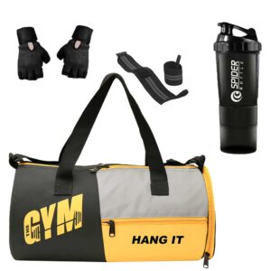 HANG IT Combo of Polyester Gym Bag with Shoe Compartment, Black Gym Gloves, Black 500 ml Shaker Bottle, and Black Foam Hand Gripper Gym kit for Men and Women (Black)