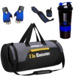 HANG IT Combo of Polyester Gym Bag with Shoe Compartment, Black Gym Gloves, Black 500 ml Shaker Bottle, and Black Foam Hand Gripper Gym kit for Men and Women. (Blue)