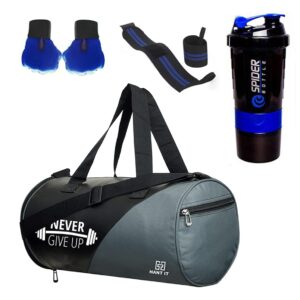 Hang It Gym Bag Combo for Men ll Gym Bag with Shoe Compartment, Blue Bottle, Blue Wristband, Blue Gloves ll Gym kit for Men and Women ll Gym Bag & Fitness Kit & Gym Bag Combo.