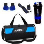 Hang It Gym Bag Combo for Men ll Gym Bag with Shoe Compartment and, Blue Bottle, Blue Wristband, Blue Gloves ll Gym kit for Men and Women ll Gym Bag & Fitness Kit & Gym Bag Combo (Black)