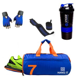 Hang It Gym Bag Combo for Men and Woman ll Gym Bag with Shoe Compartment,Blue 500ML Bottle, Blue Wristband, Blue Gloves ll Gym kit for Men and Women ll Gym Bag & Fitness Kit & Gym Bag Combo