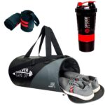 Hang It Gym Bag Combo for Men and Woman ll Gym Bag, Red Bottle, Red Wristband ll Gym kit for Men and Women ll Gym Bag with Shoe Compartment Gym & Fitness Kit