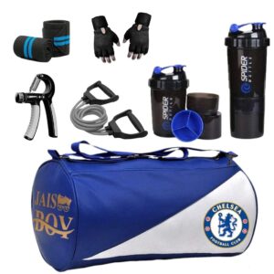 Premium Gym Accessories Combo Leather Duffle Gym Bag for Men and Women for Fitness Pack of 6 Items (Royal B)