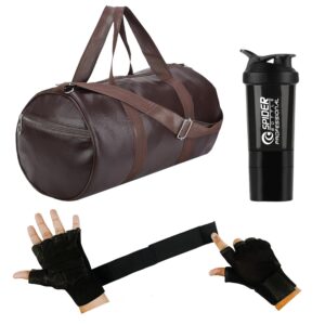 (2024 New) Gym Accessories Combo Set for Men and Women Workout with Duffle bag,Gym Shaker,2in1 Gloves – All-in-One Fitness Gym Kit (Pack of 3) (BROWN) (BROWN)