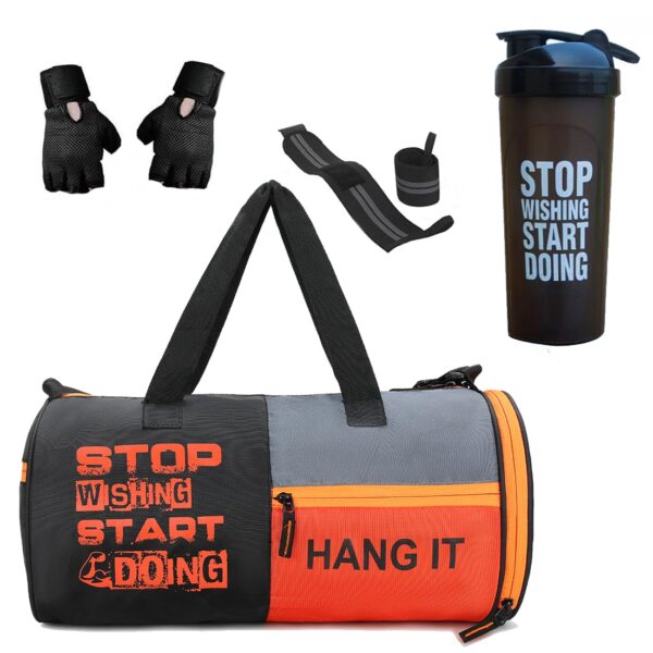 HANG IT Combo of Polyester Gym Bag with Shoe Compartment, Black Gym Gloves, 700 ml Shaker Bottle, and Black Foam Hand Gripper Gym kit for Men and Women (Black)