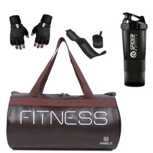 Hang It Gym Bag Combo for Men ll Gym Bag, Black Bottle, Black Wristband, Black Gloves ll Gym kit for Men and Women ll Gym Bag & Fitness Kit & Gym Bag Combo (Black)