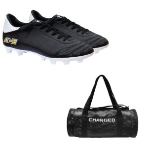 Charged Sports Bag Artize Black with Gowin Football Shoe Ace Black White Size-7