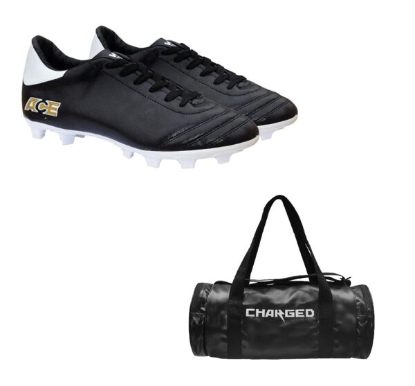 Charged Sports Bag Artize Black with Gowin Football Shoe Ace Black White Size-7