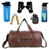 New Ultimate Gym Accessories Combo Set for Men and Women Workout - Boost Your Workout with Duffle Bag, Gloves, Wodden Gripper & Whey Container Bottle Sipper Bottle/Gym Shaker (Brown+Blue)