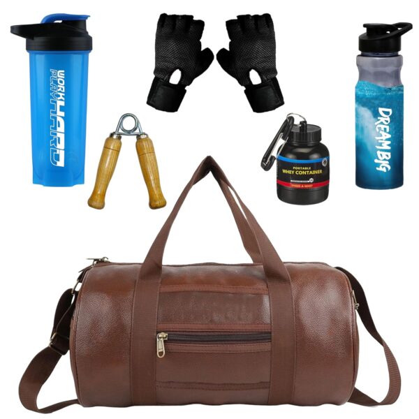 New Ultimate Gym Accessories Combo Set for Men and Women Workout – Boost Your Workout with Duffle Bag, Gloves, Wodden Gripper & Whey Container Bottle Sipper Bottle/Gym Shaker (Brown+Blue)