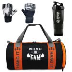 Gym Bag Combo for Men ll Gym Bag with Shoe Compartment and, Black Bottle, Black Gloves ll Gym kit for Men and Women ll Gym Bag & Fitness Kit & Gym Bag Combo.