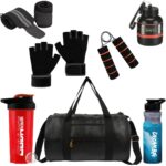 (2024 New) Gym Accessories Combo Set for Men and Women Workout with Whey Bottle, Hand Gripper,Duffle Bag, Wrist Wrap, Hand Gloves Sipper/Shaker - All-in-One Fitness Gym Kit (Pack of 7) (RED)