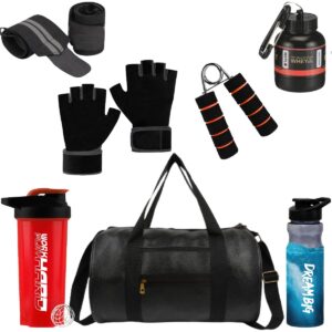 (2024 New) Gym Accessories Combo Set for Men and Women Workout with Whey Bottle, Hand Gripper,Duffle Bag, Wrist Wrap, Hand Gloves Sipper/Shaker – All-in-One Fitness Gym Kit (Pack of 7) (RED)