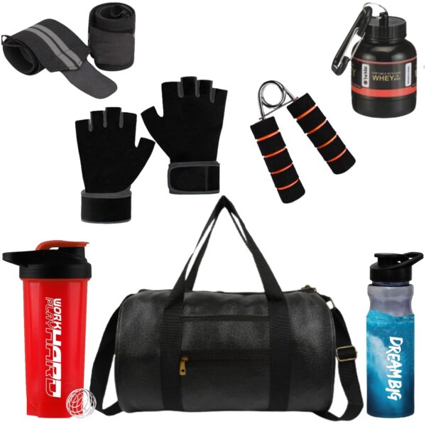 (2024 New) Gym Accessories Combo Set for Men and Women Workout with Whey Bottle, Hand Gripper,Duffle Bag, Wrist Wrap, Hand Gloves Sipper/Shaker – All-in-One Fitness Gym Kit (Pack of 7) (RED)