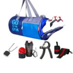 5-Piece Gym Bag Combo Set, Includes Gym Bag with Shoe campartment Protein Shaker Onyx Chain Wrist Supports and Hand Exerciser for Visible Veins (Blue/Black)