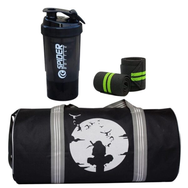 Itachi Printed Combo Set of Gym Bag with Wrist Support Green Band and Shaker Bottle (Blue)