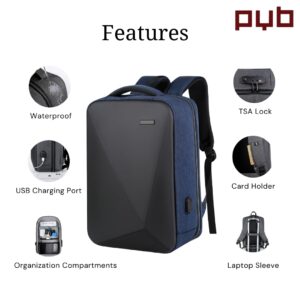 PYB Amigo – Hard shell Laptop Bagpack Bag, 16 inch, Waterproof, Anti-theft TSA lock, USB Charging port, Compartments for devices, Passport/Card Holder