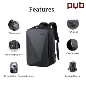 PYB Amigo – Hard shell Laptop Bagpack Bag, 16 inch, Waterproof, Anti-theft TSA lock, USB Charging port, Compartments for devices, Passport/Card Holder