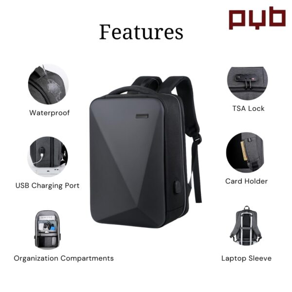 PYB Amigo – Hard shell Laptop Bagpack Bag, 16 inch, Waterproof, Anti-theft TSA lock, USB Charging port, Compartments for devices, Passport/Card Holder