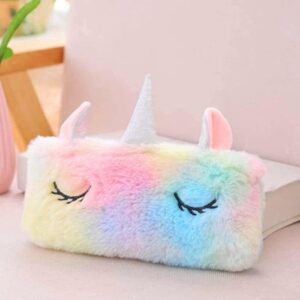 JIADA Unicorn Horn Ear Pencil Pouch,Unicorn Fur Pencil Pouch for Girls Student for Store Pen Pencil Eraser|Storage Bag for Make Up|Soft Cute Relaxed Fit Travel Pouch (Fur Pouch,Pack of 1),Multicolor