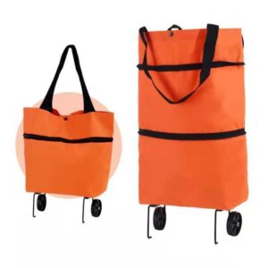 2 in 1 Folding Shopping Bag with Wheels, Lightweight Shopping Trolley 2 Wheels Bag Cart Luggage Foldable Two-Stage Zipper Grocery Bag Portable Storage Bag for Picnic Trips Shopping Fruits Vegetables