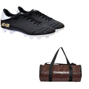 Charged Sports Bag Artize Brown with Gowin Football Shoe Ace Black White Size-4