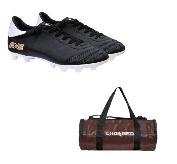 Charged Sports Bag Artize Brown with Gowin Football Shoe Ace Black White Size-4