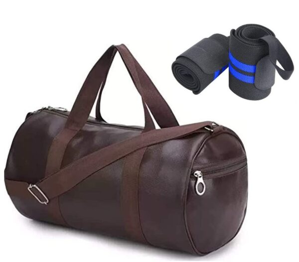 Raizex Combo Pack Of Pu-Leather Gym Bag Gym Duffel Bag With Shoulder Strap For Men’s & Women’s With Blue Wrist Support Band For Daily Exercise., 23 Cm