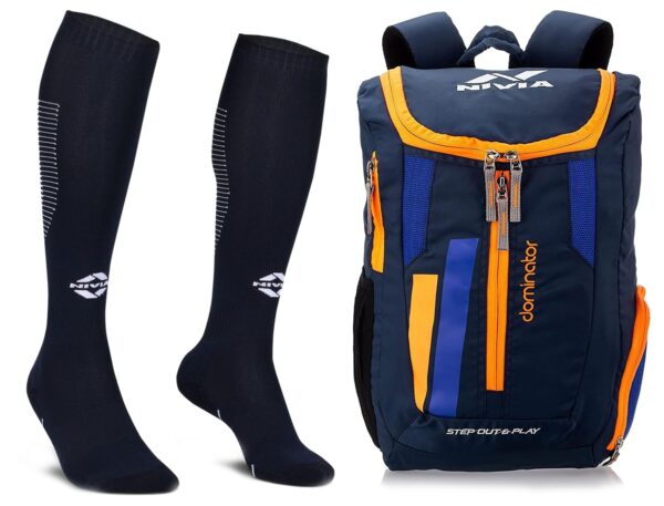 Nivia Dominator Shoe Bag (Navy, Orange) & Nivia Plain Encounter Stockings for Men & Women (Navy Blue/White) L