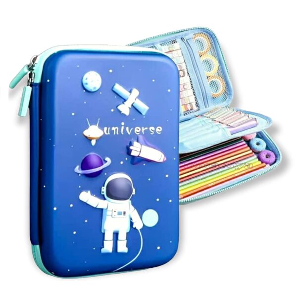 Kiddie Galaxia Branded 3D Space Design Embossed Eva Cover Pencil Case With Compartments, School Supply Organizer For Students, Stationery Box, Cosmetic Zip Pouch Bag (1 Unit, Canvas, Multicolor)