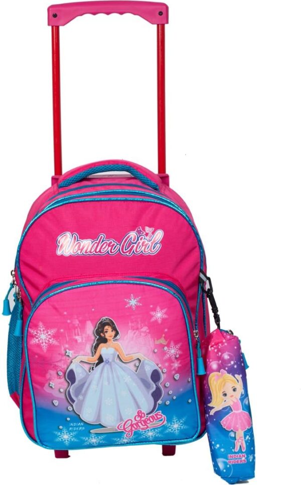 Indian Riders Wonder Girl Kids School Trolley Bag with Pencil Pouch 16 Inches – (Pink, 25 L)